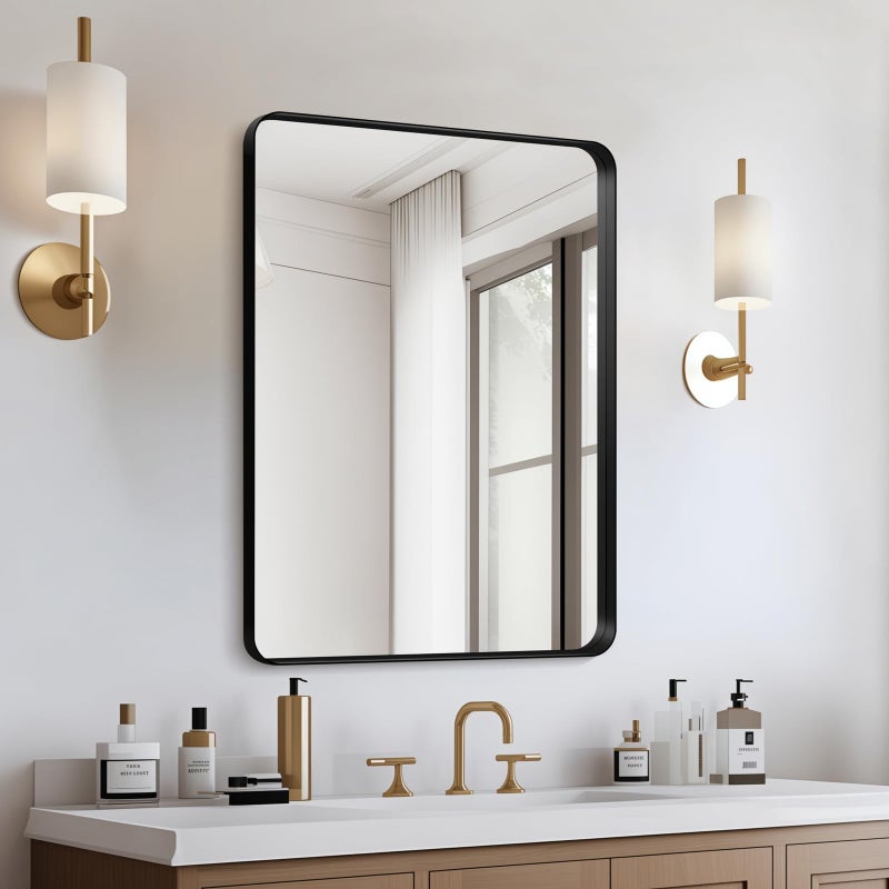 Kosmonia 20x16 Bathroom Vanity Mirror for Wall, Aluminum Framed, Farmhouse Rectangle, Anti-Rust, HD Reflection Anti-Desilvering, Distortion Free, Tempered and Shatter-Proof Wall Mounted Mirror, Black - Image 1