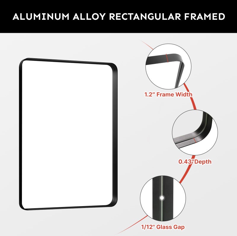 Kosmonia 20x16 Bathroom Vanity Mirror for Wall, Aluminum Framed, Farmhouse Rectangle, Anti-Rust, HD Reflection Anti-Desilvering, Distortion Free, Tempered and Shatter-Proof Wall Mounted Mirror, Black - Image 5