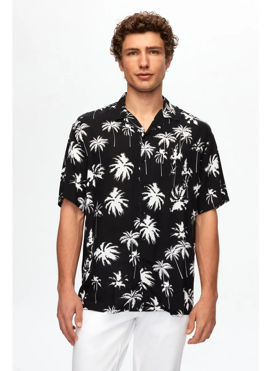 D'S DAMAT Relaxeiyah Patterned Palm Tree Patterned Short Sleeve Summer Viscose Shirt 0HC02ORT10313