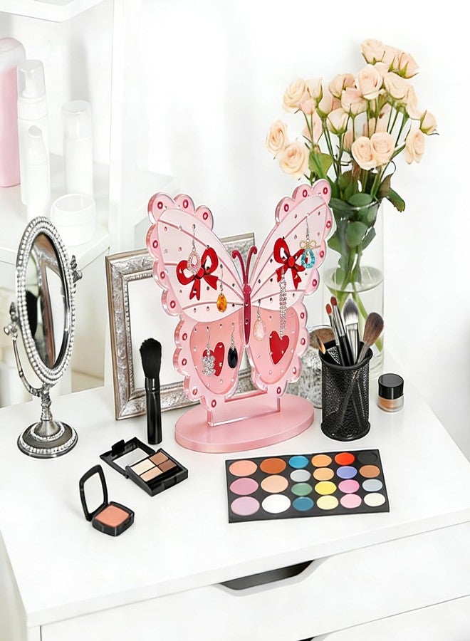 AOCEAN Pink Butterfly Acrylic Earring Holder Organizer for Women Earring Display Stand with 80 Holes & Storage Rack with Solid Base Cute Jewelry Holder Stand with Bow Heart Decoration (Pink) - Image 5