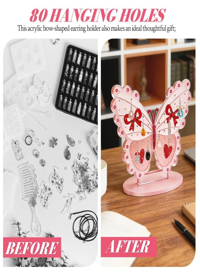 AOCEAN Pink Butterfly Acrylic Earring Holder Organizer for Women Earring Display Stand with 80 Holes & Storage Rack with Solid Base Cute Jewelry Holder Stand with Bow Heart Decoration (Pink) - Image 4