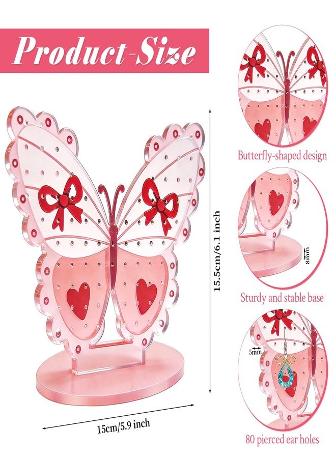 AOCEAN Pink Butterfly Acrylic Earring Holder Organizer for Women Earring Display Stand with 80 Holes & Storage Rack with Solid Base Cute Jewelry Holder Stand with Bow Heart Decoration (Pink) - Image 2
