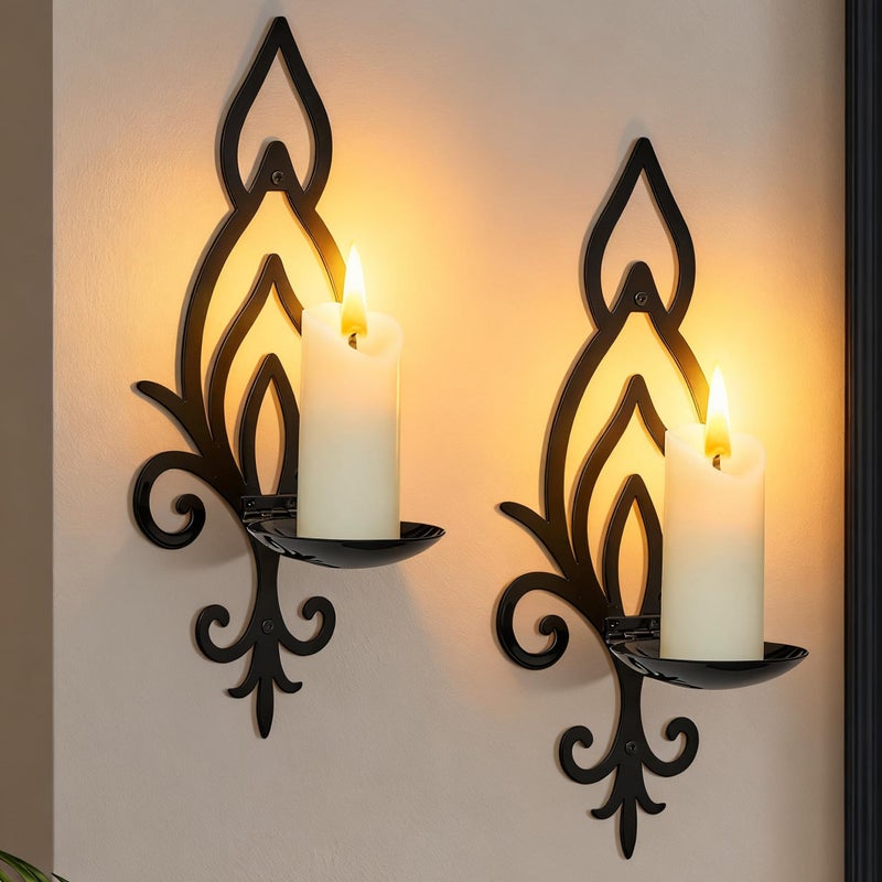 ZYIDBNG Wall Candle Sconces Set of 2, Vintage Flower-Shaped Metal Candle Holders for Pillar, Tealight, and LED Candles, Rustic Decorative Wall Decor for Living Room Dining Room (Black) - Image 1