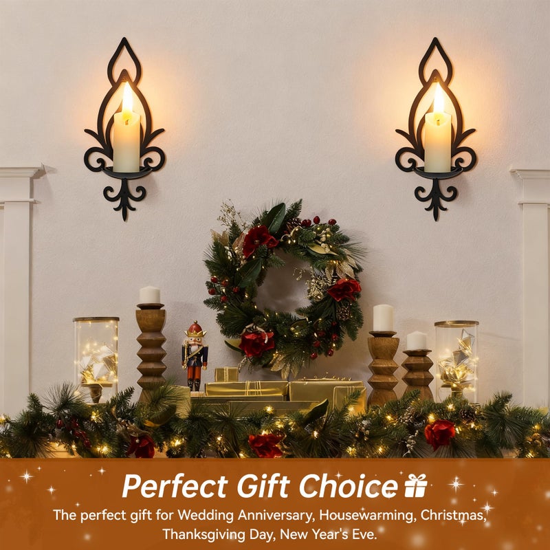 ZYIDBNG Wall Candle Sconces Set of 2, Vintage Flower-Shaped Metal Candle Holders for Pillar, Tealight, and LED Candles, Rustic Decorative Wall Decor for Living Room Dining Room (Black) - Image 2