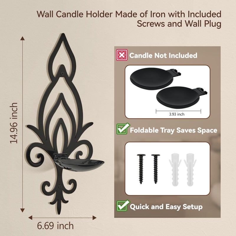 ZYIDBNG Wall Candle Sconces Set of 2, Vintage Flower-Shaped Metal Candle Holders for Pillar, Tealight, and LED Candles, Rustic Decorative Wall Decor for Living Room Dining Room (Black) - Image 3