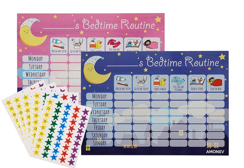 Amonev Bedtime Routine Chart Reward Chart for Sleep Training Twin Pack chart for Boys Girls toddlers and young children with 225 stars stickers included - Image 1