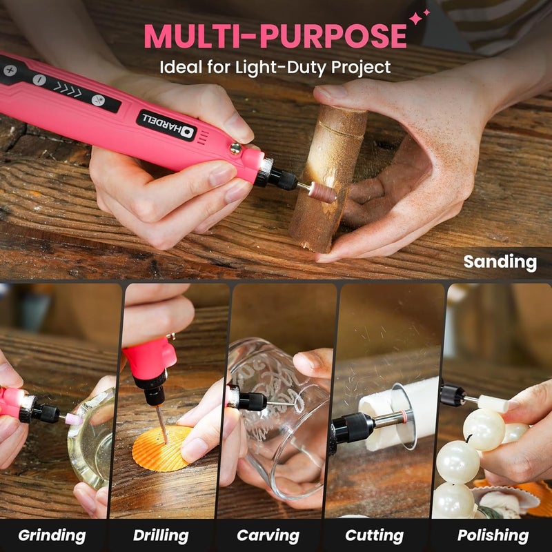 HARDELL Mini Cordless Rotary Tool Kit, 5-Speed and USB Charging with 69 Accessories, Multi-Purpose 3.7V Power Rotary Tool for Sanding, Polishing, Drilling, Etching, Engraving, DIY Crafts (light pink) - Image 5