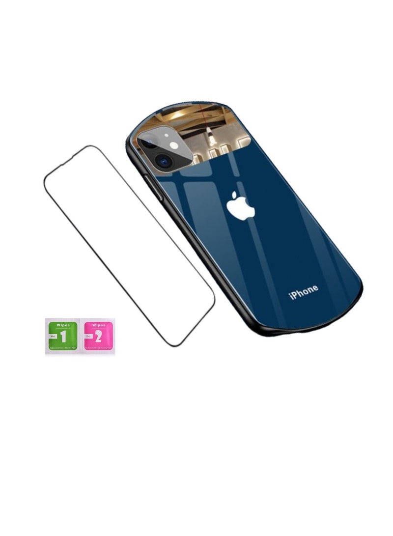 Kannzz Glass Phone Case for iPhone, Makeup Mirror Back Cover with Screen Guard - Blue - Image 1