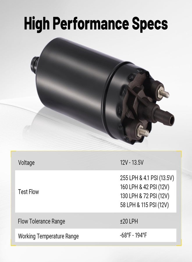SPBREW External Inline Fuel Pump 12V-13.5V with 255 LPH Max High Flow, 115 PSI High Pressure Fuel Pump, Replacement for 0580464070 with 50mm Bracket Clamp(Black) - Image 2