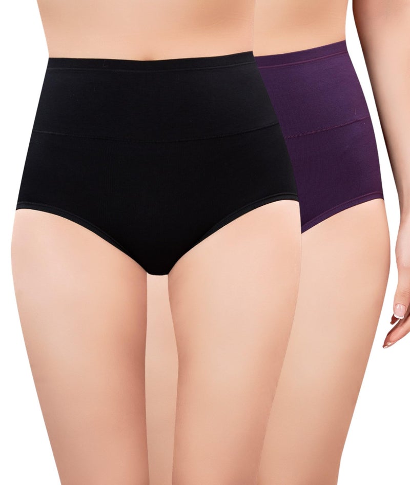 PLUMBURY Women High Waist Cotton Underwear Full Brief Panty, Size M to XXL (Pack of 2 Panty) Black/Purple - Image 1