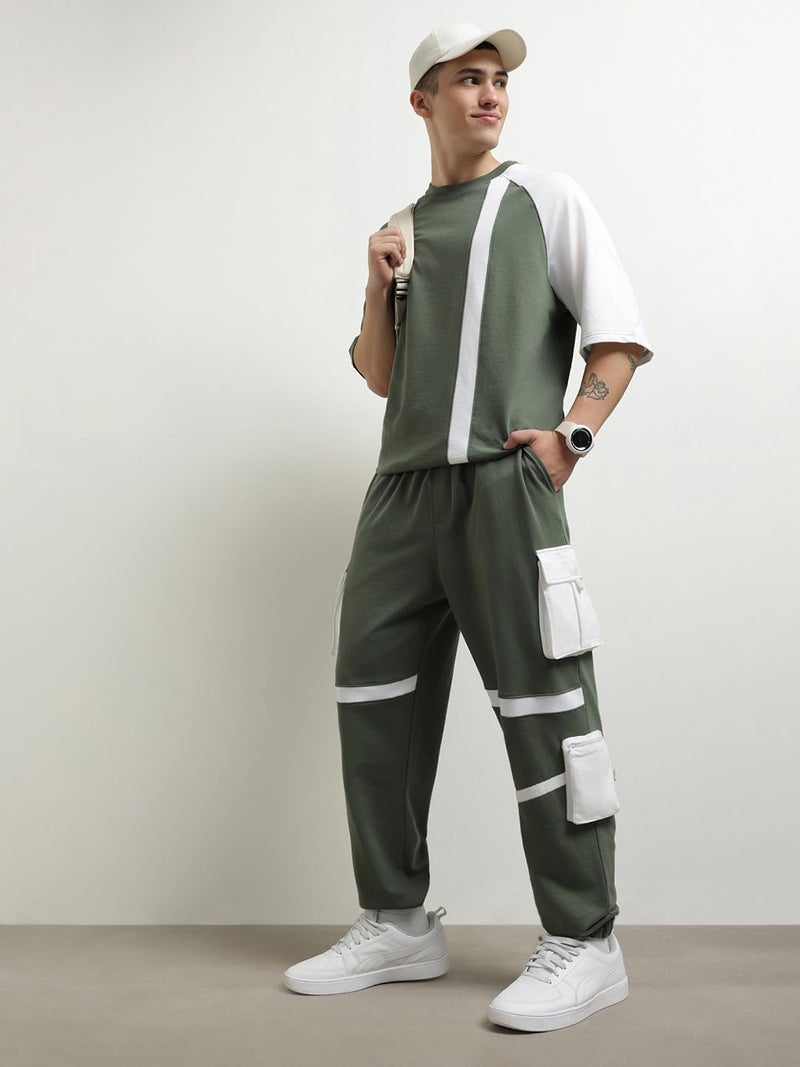 NOBERO Men Cotton Blend Solid Colorblock T-Shirt With Joggers, Olive, Small - Image 4