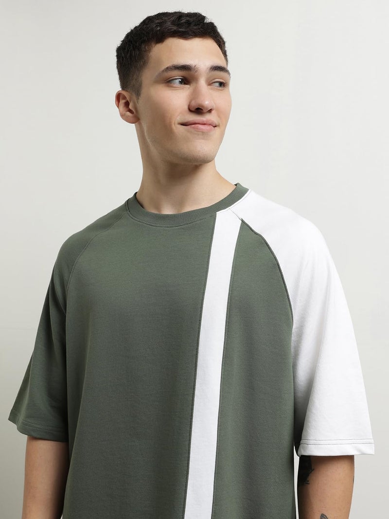 NOBERO Men Cotton Blend Solid Colorblock T-Shirt With Joggers, Olive, Small - Image 2