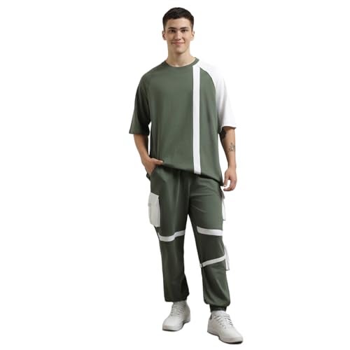 NOBERO Men Cotton Blend Solid Colorblock T-Shirt With Joggers, Olive, Small - Image 1