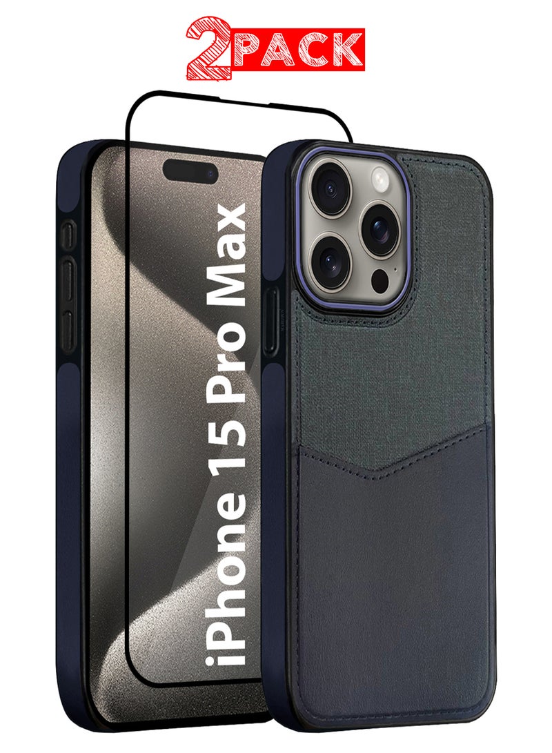 CATANES 2Packs iPhone 15 Pro Max Card Case Leather Back Cover with Card Holder, Slim and Lightweight, 1-2 Cards with 3D Screen Protector - Dark Blue  - Image 1