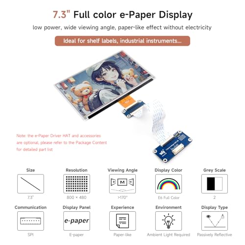 Waveshare 7.3inch 6-Color E-Paper Display Module, Compatible with Raspberry Pi 5/4B/3B/Zero/Zero W/Zero 2W/Pico/Pico W/Pico WH, Support Jetson Nano/Jetson Orin Nano - Image 3