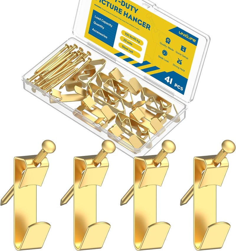 Uniclife 20 Pcs 100 lb Heavy Duty Picture Hangers for Drywall & Wood, Picture Hanging Hooks with Nails, Picture Hanging Hardware, Frame Hooks Picture Hooks for Hanging Photos Mirrors Paintings - Image 1