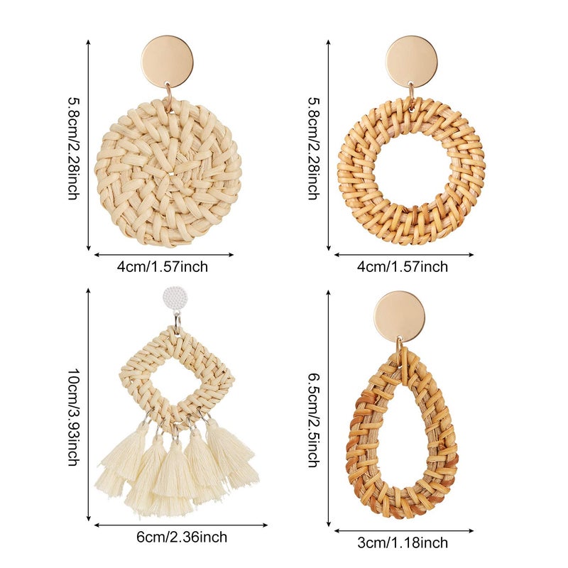 meekoo 4 Pairs Rattan Earrings for Women Beach Essentials Tassel Dangle Boho Straw Earrings(Stylish) - Image 2