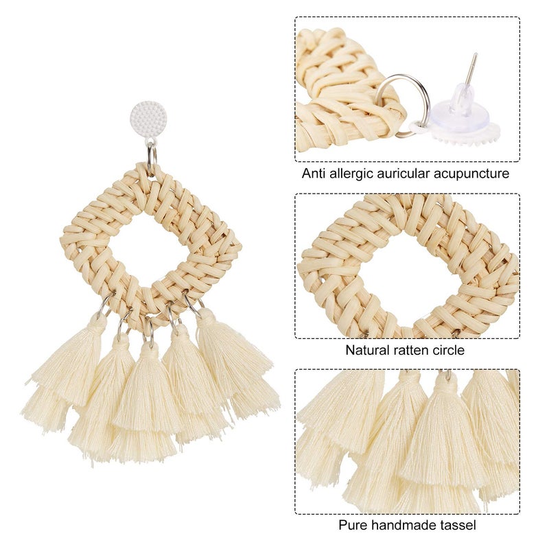 meekoo 4 Pairs Rattan Earrings for Women Beach Essentials Tassel Dangle Boho Straw Earrings(Stylish) - Image 3