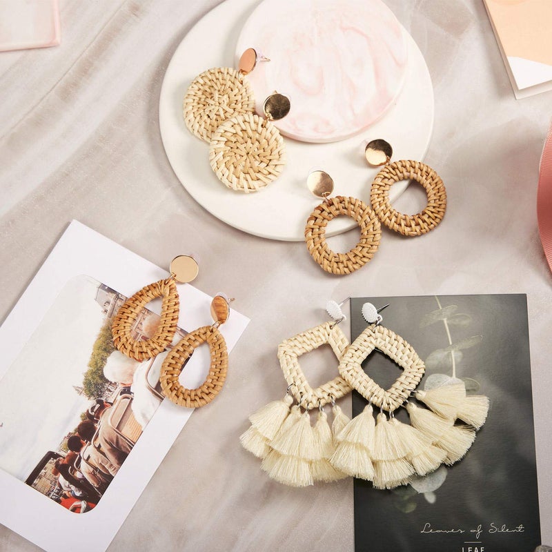 meekoo 4 Pairs Rattan Earrings for Women Beach Essentials Tassel Dangle Boho Straw Earrings(Stylish) - Image 4