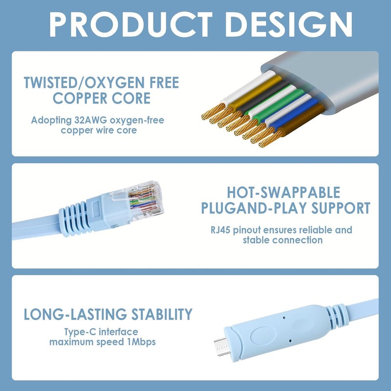 كاست ويف كابل وحدة تحكم USB-C إلى RJ45 لمفاتيح وأجهزة توجيه Cisco، محول USB Type C إلى RS232 التسلسلي مع شريحة FTDI، كابل وحدة تحكم إيثرنت بطول 6 أقدام/1.8 متر متوافق مع Windows وMacBook وLinux - Image 5