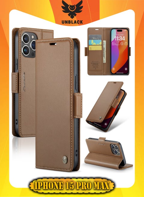 Flip Wallet Case For Apple iPhone 15 Pro Max, [RFID Blocking] PU Leather Wallet Flip Folio Case with Card Holder Kickstand Shockproof Phone Cover (Brown)