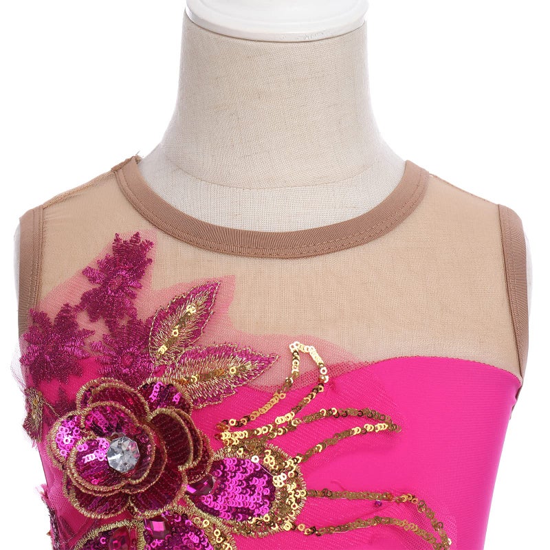 AFAVOM Ice Skating Dress for Girls - Sequin Flower Mesh Ballet Dance Leotard Dress with Chiffon Skirt - Ballerina Dancewear for Competition & Stage Performance - Hot Pink (11-12 Years) - Image 5
