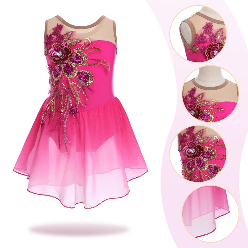 AFAVOM Ice Skating Dress for Girls - Sequin Flower Mesh Ballet Dance Leotard Dress with Chiffon Skirt - Ballerina Dancewear for Competition & Stage Performance - Hot Pink (11-12 Years) - Image 4