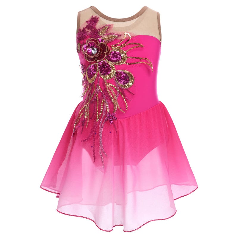 AFAVOM Ice Skating Dress for Girls - Sequin Flower Mesh Ballet Dance Leotard Dress with Chiffon Skirt - Ballerina Dancewear for Competition & Stage Performance - Hot Pink (11-12 Years) - Image 1