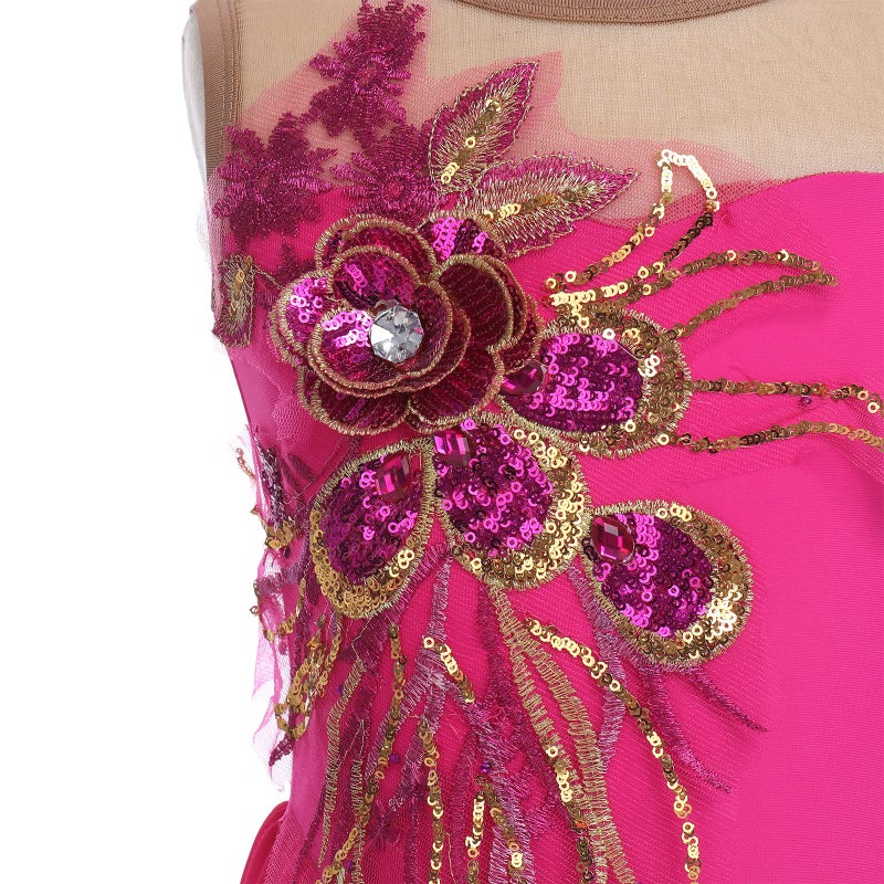 AFAVOM Ice Skating Dress for Girls - Sequin Flower Mesh Ballet Dance Leotard Dress with Chiffon Skirt - Ballerina Dancewear for Competition & Stage Performance - Hot Pink (11-12 Years) - Image 2