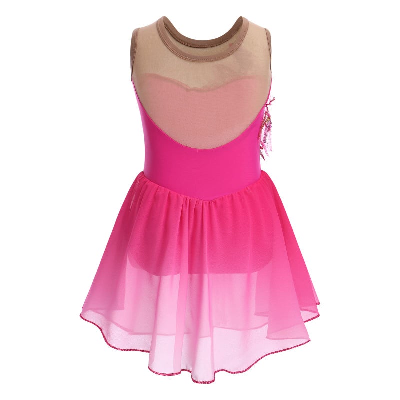 AFAVOM Ice Skating Dress for Girls - Sequin Flower Mesh Ballet Dance Leotard Dress with Chiffon Skirt - Ballerina Dancewear for Competition & Stage Performance - Hot Pink (11-12 Years) - Image 3