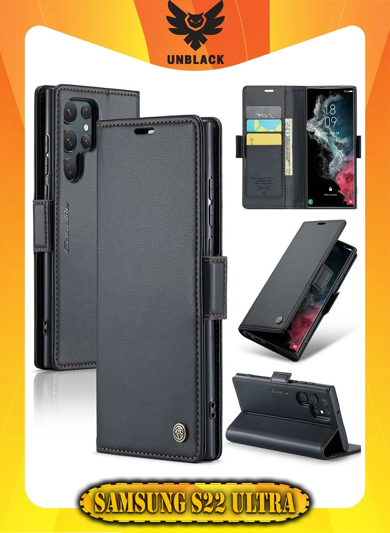 CaseMe Flip Wallet Case For Samsung Galaxy S22 Ultra, [RFID Blocking] PU Leather Wallet Flip Folio Case with Card Holder Kickstand Shockproof Phone Cover (Black) - Image 1