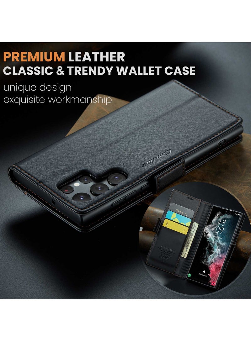 CaseMe Flip Wallet Case For Samsung Galaxy S22 Ultra, [RFID Blocking] PU Leather Wallet Flip Folio Case with Card Holder Kickstand Shockproof Phone Cover (Black) - Image 4