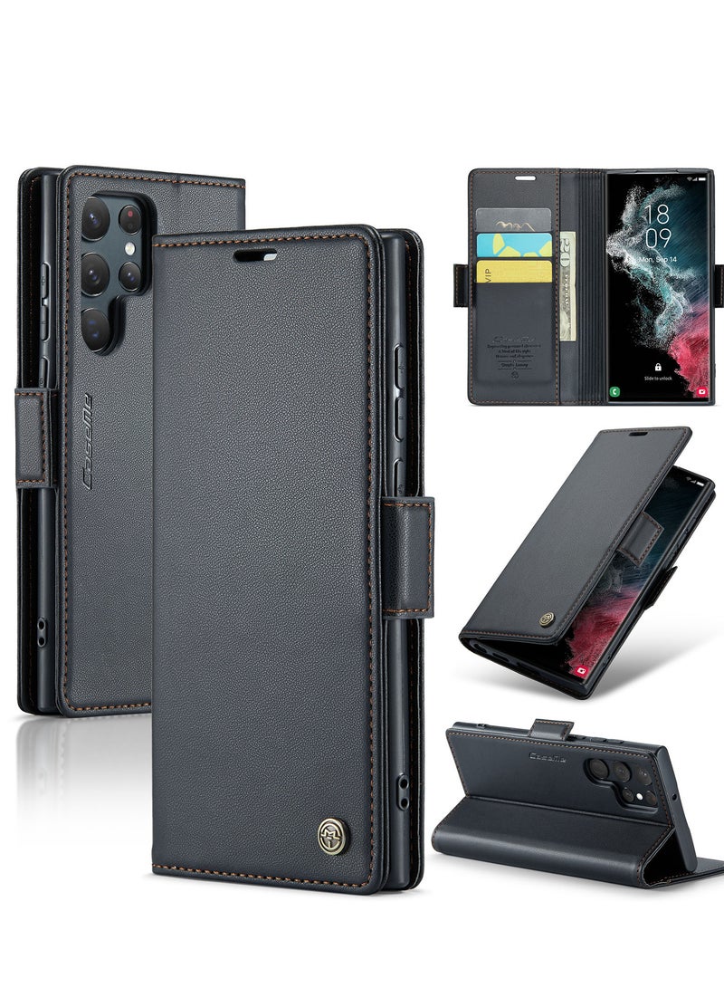 CaseMe Flip Wallet Case For Samsung Galaxy S22 Ultra, [RFID Blocking] PU Leather Wallet Flip Folio Case with Card Holder Kickstand Shockproof Phone Cover (Black) - Image 2