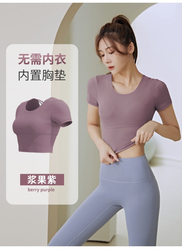 Women Cross Back Sports Shirts Round Neck Short Sleeve Yoga Crop Tops Fitness Gym Workout Sportswear Backless Slim Fit Tops  - Image 1