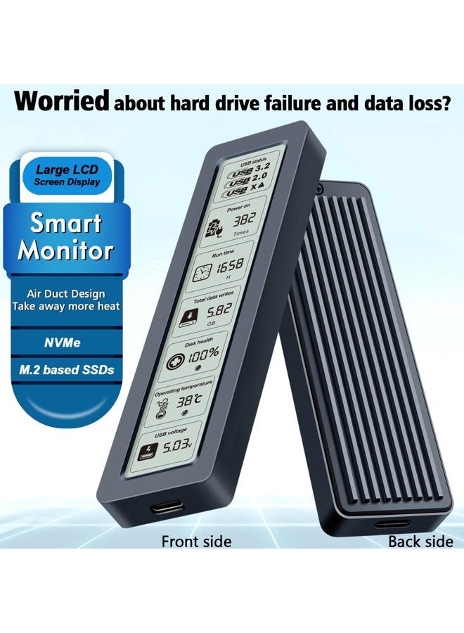 VJK Smart M.2 NVMe SSD Enclosure, Large LCD, intelligent detection, Prevents Write Data Loss, USB 3.2, Type-C (10 Gbps), fits NVMe PCIe Size 2230/2242/2260/2280, Support M-Key B+M Key (up to 4TB) - Image 2