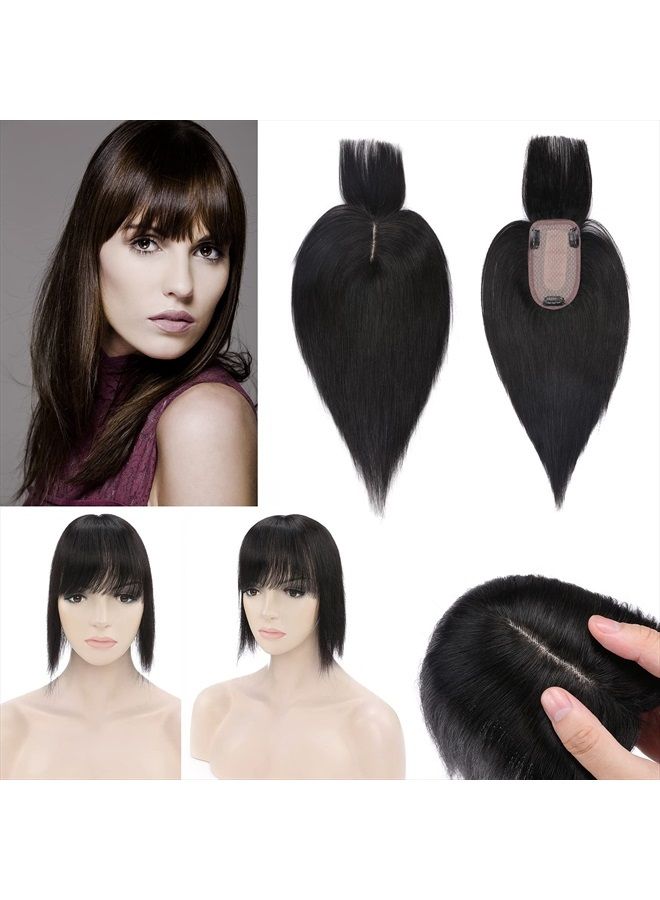SEGO Hair Toppers for Women Real Human Hair With Bangs 150% Density 7 * 13CM Silk Base 100% Remy Human Hair Clip in Top Wiglet Hair Pieces for Thinning Hair -12 Inch Natural Black - Image 1