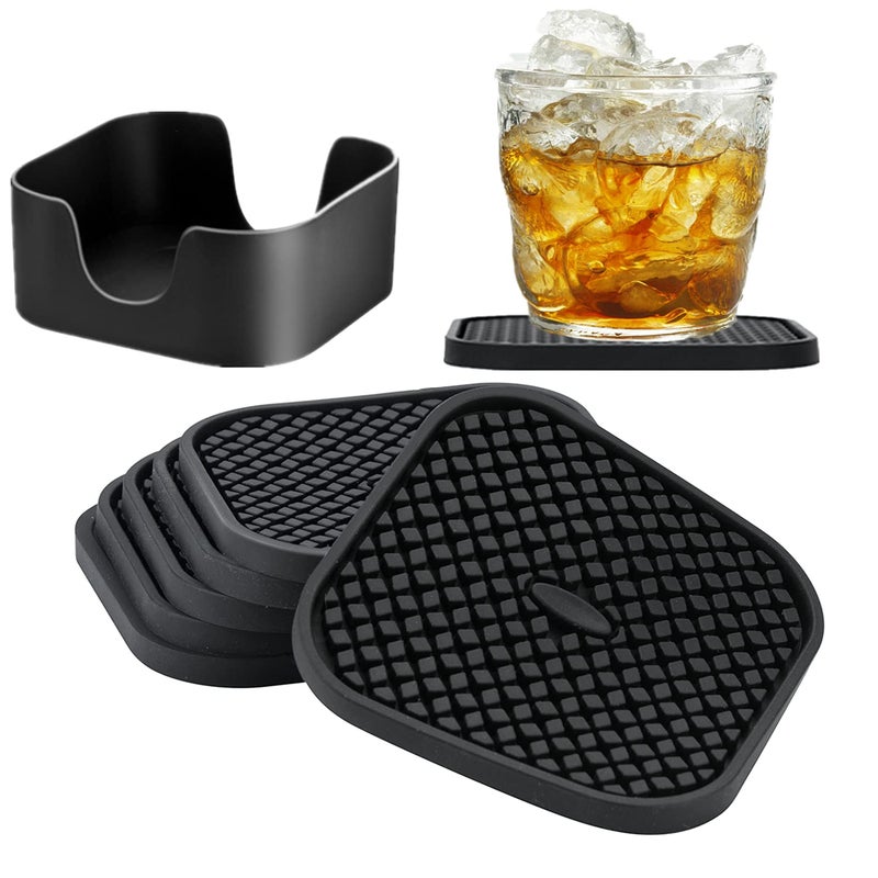 IYYI Silicone Coasters Set of 6 Drink Coasters with Holder NonSlip Cup Mat Deep Tray Absorbent Coaster Heat Resistant Countertop Protection BlackSquare
