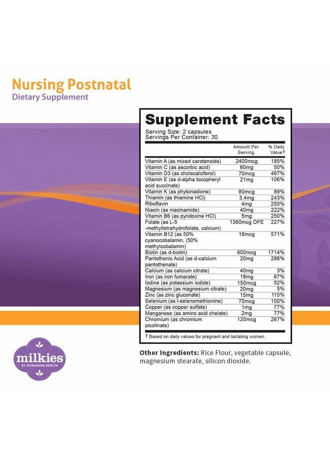 Milkies - Fairhaven Health Nursing Postnatal Vegetarian Supplement for Breastfeeding Women with Vitamin D and B, Nutritious Breast Milk Multivitamin - Gluten and Dairy Free - 1 Month Supply - Image 1