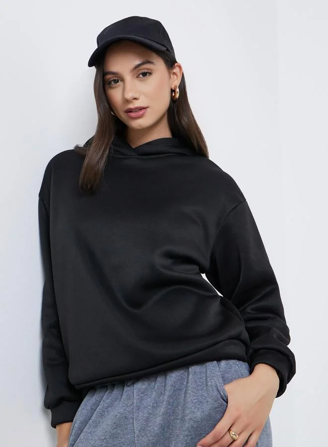 Styli Black Dropped Shoulder Relaxed Fit Hoodie