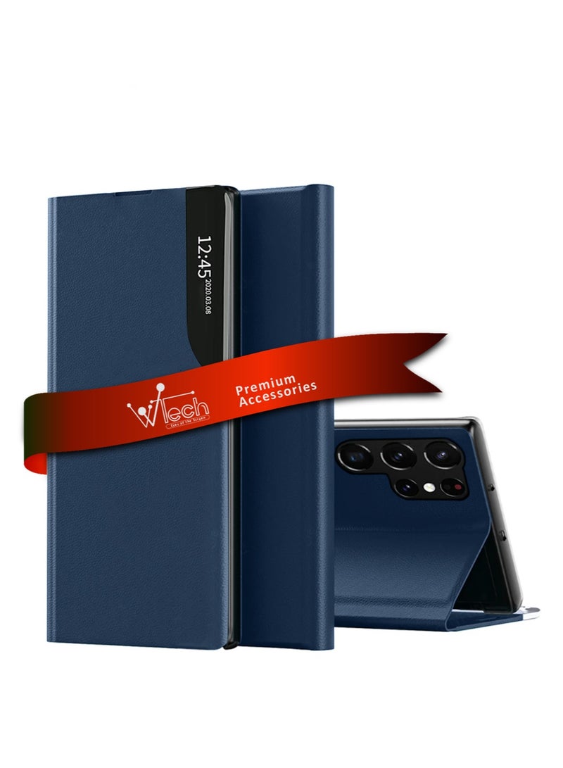 دبليو تيك حافظة هاتف قابلة للطي بمرآة ذكية، غطاء حماية تلقائي للنوم لهاتف سامسونج جالاكسي S24 Ultra 5G 2024، أزرق داكن - Image 1
