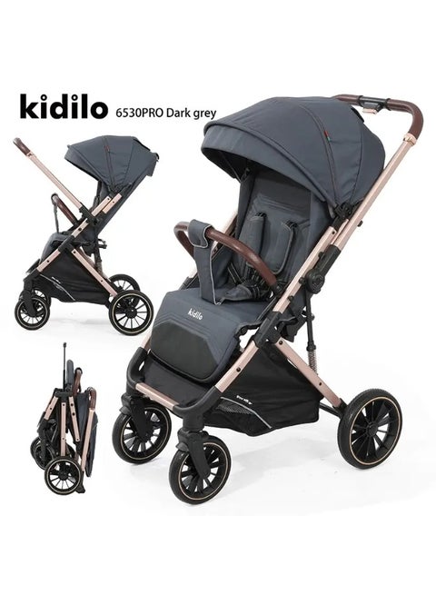Kidilo 6530PRO Luxury Baby Stroller with Adjustable Canopy and Compact Folding - Dark Grey
