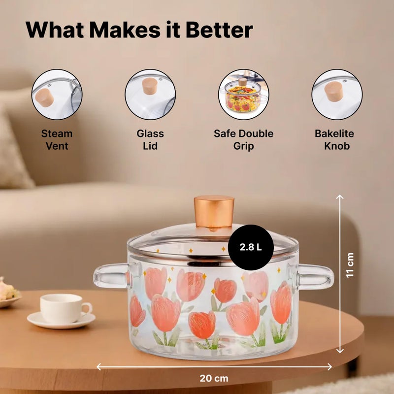 Kuber Industries Kuber Industries Borosilicate Glass Saucepan with Lid & Handle (2.8L) | Electric Pottery Safe | Serving Bowl with Lid | Borosilicate Cookware for Gas Stove (Transparent)  - Image 2