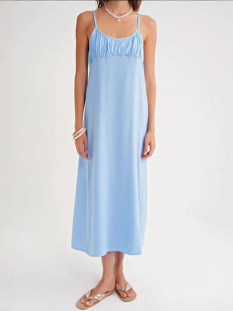Mixray Baby Blue Mixray Strappy Maxi Dress with Gathered Detail for Women | Best Price UAE