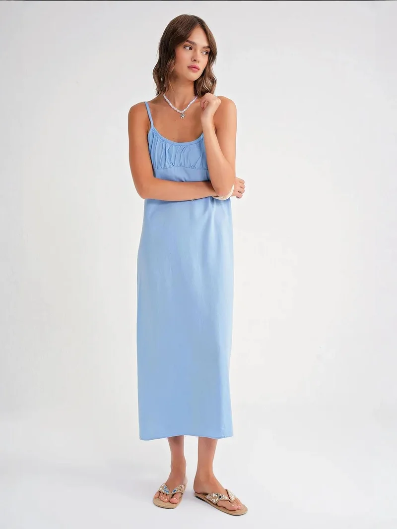 Mixray Baby Blue Mixray Strappy Maxi Dress with Gathered Detail for Women | Best Price UAE