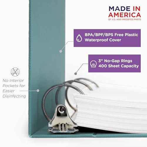 Carstens 3-Inch Heavy Duty 3-Ring Binder - Side Opening, Powder Blue, Durable Plastic, Precision No-Gap Rings, Waterproof Cover, No Pockets, Holds 400 US Letter Sheets, BPA-Free, Made in USA (1744-3R) - Image 3