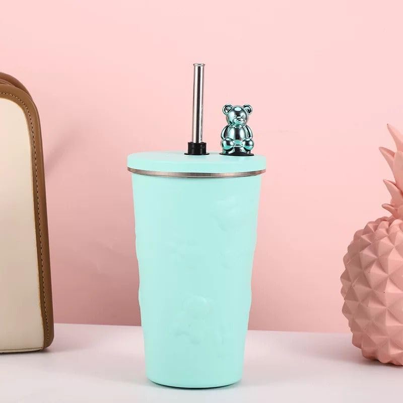 Vasukie 600ML Stainless Steel Tumbler Hot and Cold with Lid & Straw, Double Insulated Cup Leak Proof Mug Fits in Car, Cupholder for Gym, Travelling (Bear Blue) - Image 1