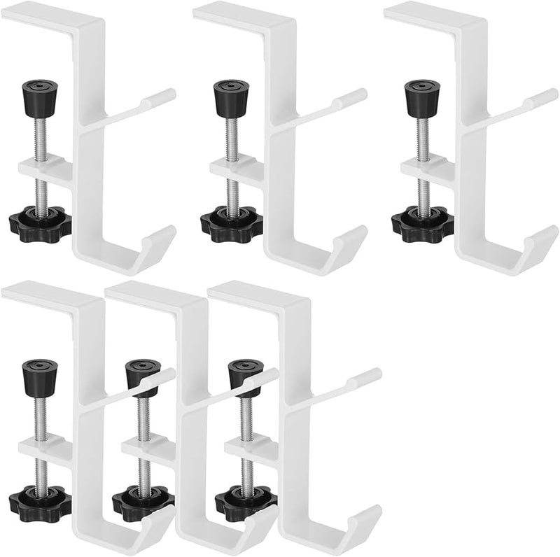 White 6 Piece Desk Bag Holder Set Clamp On Hooks For Backpacks And Headphones Dual Hook Design - Image 1