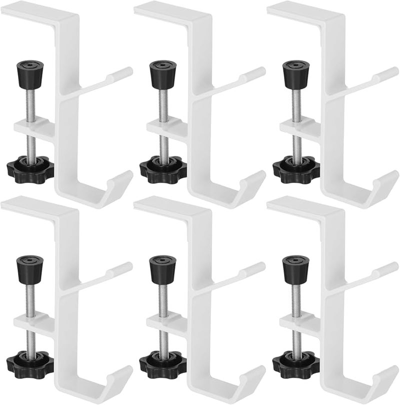 White 6 Piece Desk Bag Holder Set Clamp On Hooks For Backpacks And Headphones Dual Hook Design - Image 4