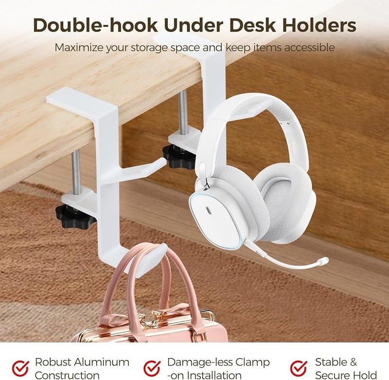 White 6 Piece Desk Bag Holder Set Clamp On Hooks For Backpacks And Headphones Dual Hook Design - Image 3