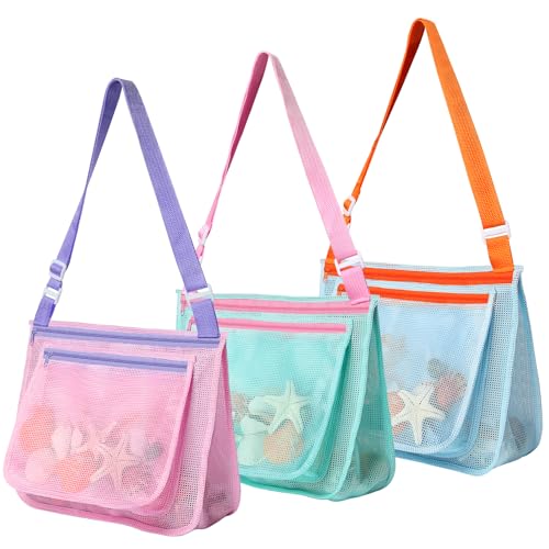 LIDAGO 3 Pcs Seashell Collecting Bag for KidsBeach Mesh Bag with Adjustable Shoulder StrapsBeach Toys Swimming Accessories for Boys and Girls - Image 1